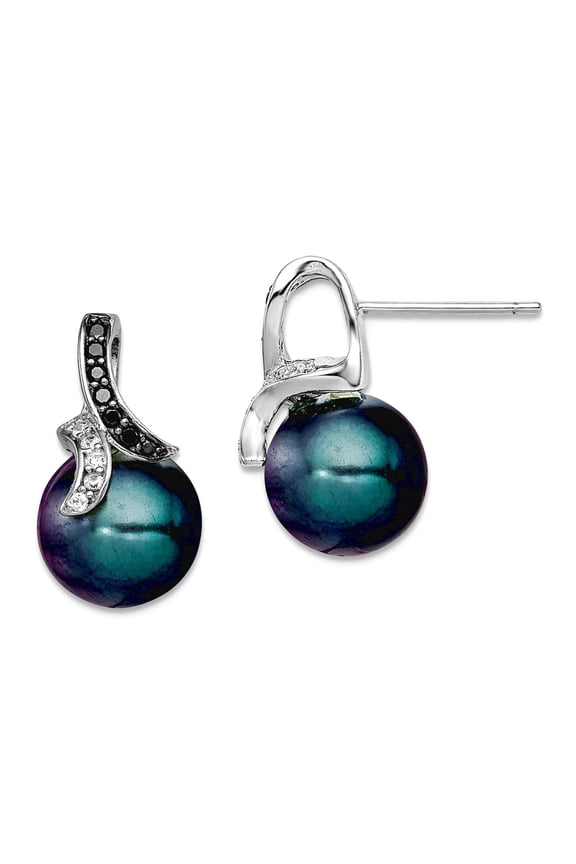 925 Sterling Silver Shell pearl Post Black and Clear Cubic Zirconia Gray Simulated Shell Beads Earrings 19x11m Stud Earr