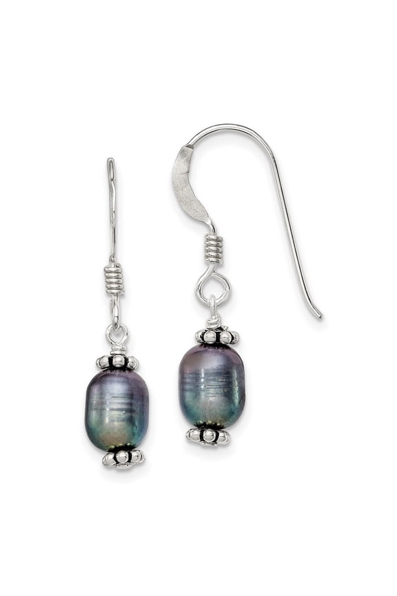 925 Sterling Silver Shepherd hook Artisan Oxidized Black Freshwater Cultured Pearl Long Drop Dangle Earrings Measures 27