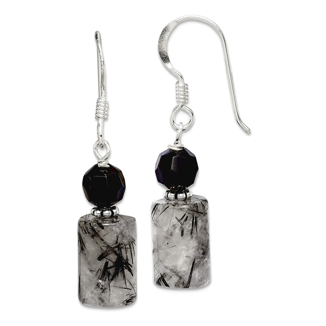 JEWELRYWEB 925 Sterling Silver Shepherd hook Black Crystal and Rutilated Quartz Earrings 30x8mm Wide Stud Earring for Women