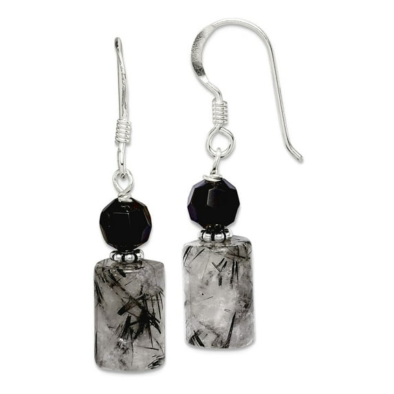 925 Sterling Silver Shepherd hook Black Crystal and Rutilated Quartz Earrings 30x8mm Wide Stud Earring for Women