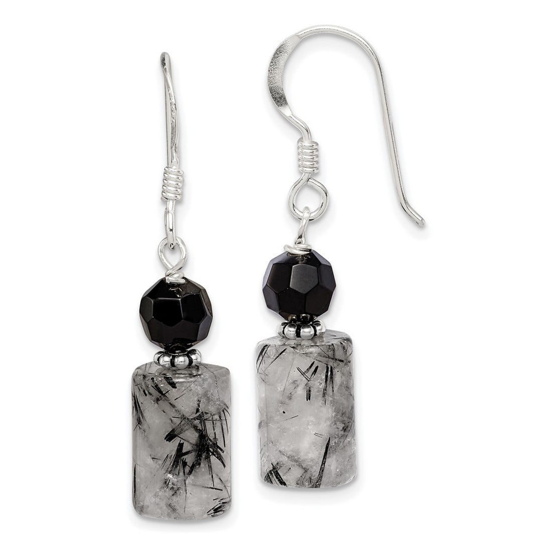 JEWELRYWEB 925 Sterling Silver Shepherd hook Black Crystal and Rutilated Quartz Earrings 30x8mm Wide Stud Earring for Women