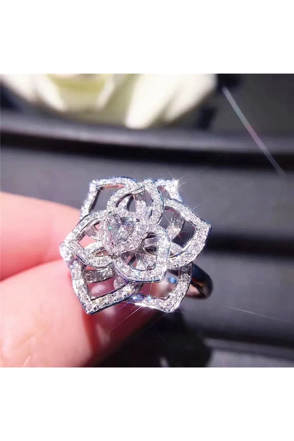 925 Sterling Silver Shining Flower Ring Heart Shape Cubic Zirconia Promise Rings  Diamond Multi Row Eternity Engagement Wedding Band Ring for