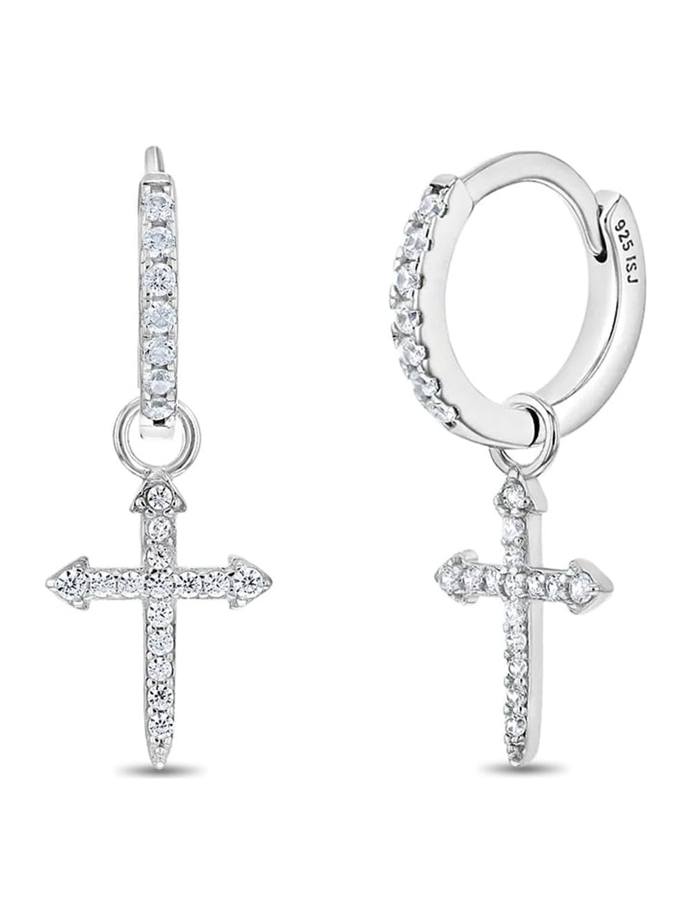 925 Sterling Silver Shiny Clear CZ Cross Hoop Dangle Earrings for Teens