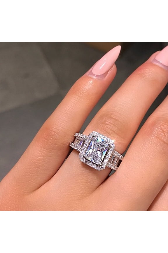 925 Sterling Silver Shiny Full Diamond Ring Square Cut 3Ct Cubic Zirconia Cocktail Rings Multi Row Diamond Ring Eternity Engagement Wedding Band Ring for