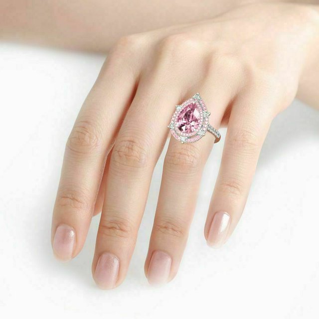 925 Sterling Silver Shiny Pink Drill drop shape Cubic Zirconia Rings