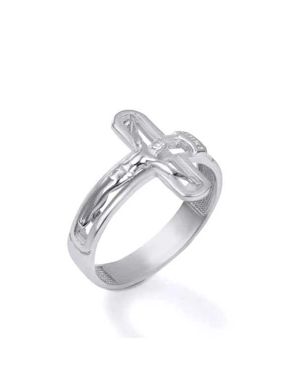 925 Sterling Silver Sideways Jesus Christ Crucifix Cross Religious Ring (Size 6)