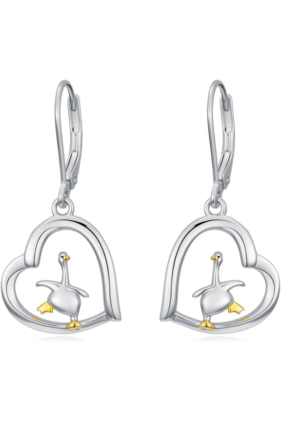 925 Sterling Silver Silly Goose Heart Earrings – Cute Animal Leverback Dangle Earrings, Whimsical Goose Jewelry Gift for Women, and Bird Lovers