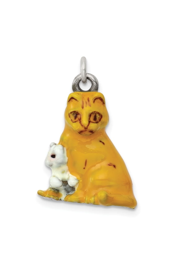925 Sterling Silver Silver Enamel Mom and Kitten Cat Charm Pendant