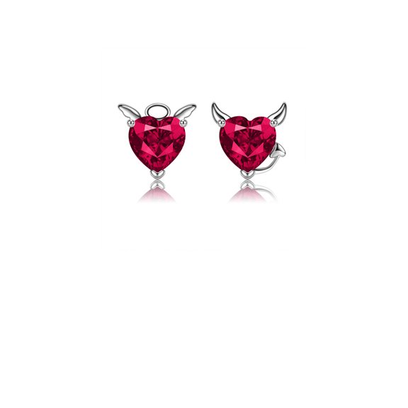 925 Sterling Silver Simple Creative Angel and Devil Heart-shaped Stud Earrings with Red Cubic Zirconia