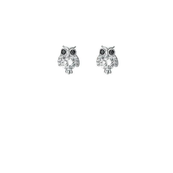 925 Sterling Silver Simple Cute Owl Stud Earrings with Cubic Zirconia