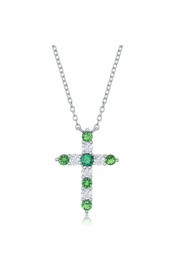 925 Sterling Silver Simulated 20mm Garnet, Amethyst, Aquamarine, White Topaz, Emerald, Lavender, Ruby, Peridot, Sapphire, Pink, Citrine, and Swiss Blue Birthstone 16+2’’ Cross Necklace