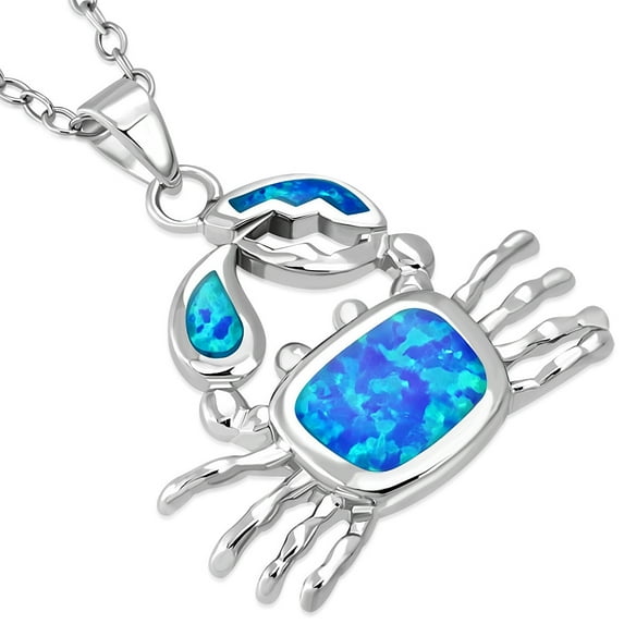 925 Sterling Silver Simulated Blue Opal Crab Marine Pendant Necklace, 18"