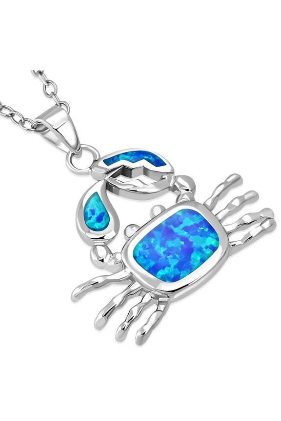 925 Sterling Silver Simulated Blue Opal Crab Marine Pendant Necklace, 18"