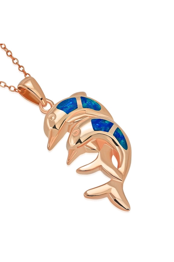 925 Sterling Silver Simulated Blue Opal Double Dolphin Charm Pendant Necklace, 18"