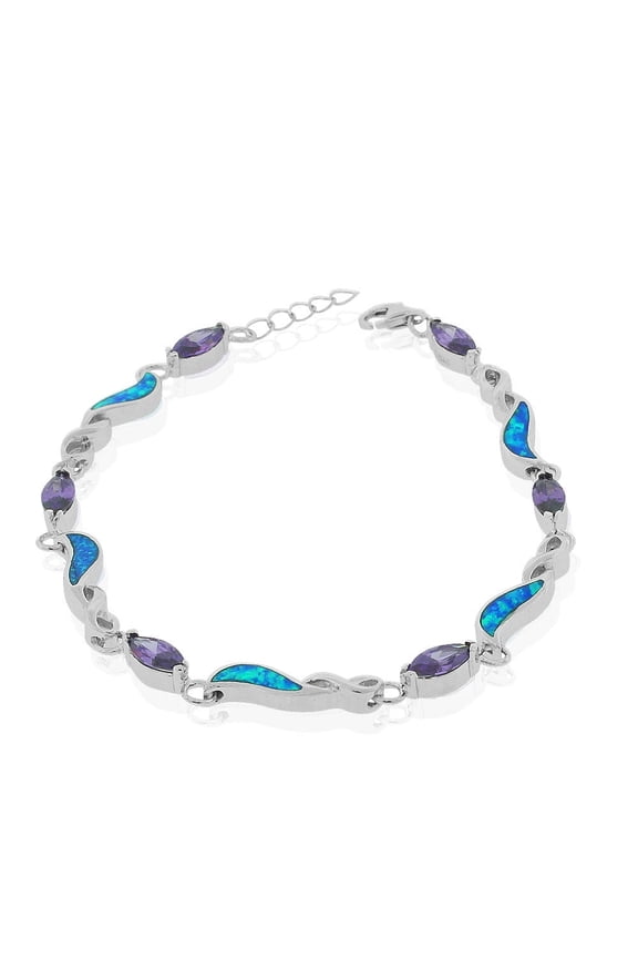 925 Sterling Silver Simulated Blue Opal, Purple Amethyst-Tone CZ Infinity Medical ID Bracelet, Purple