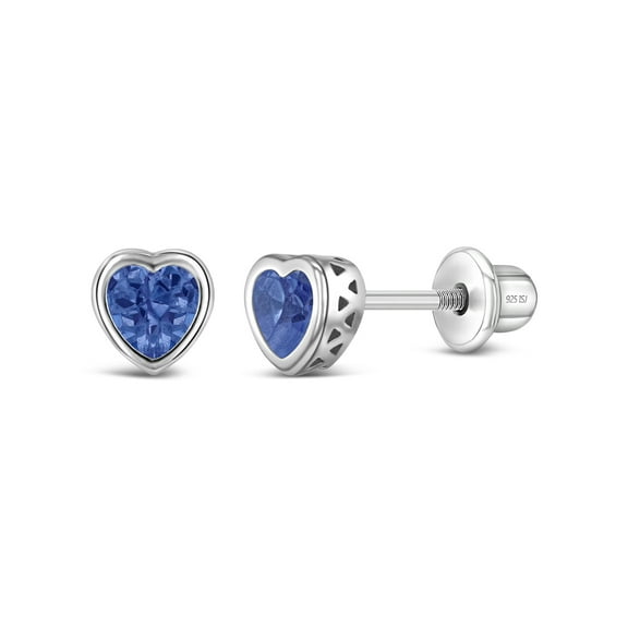 925 Sterling Silver Simulated Blue Topaz Birthstone Heart Screw Back Earrings