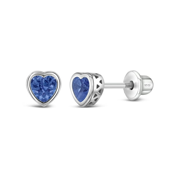 925 Sterling Silver Simulated Blue Topaz Birthstone Heart Screw Back Earrings