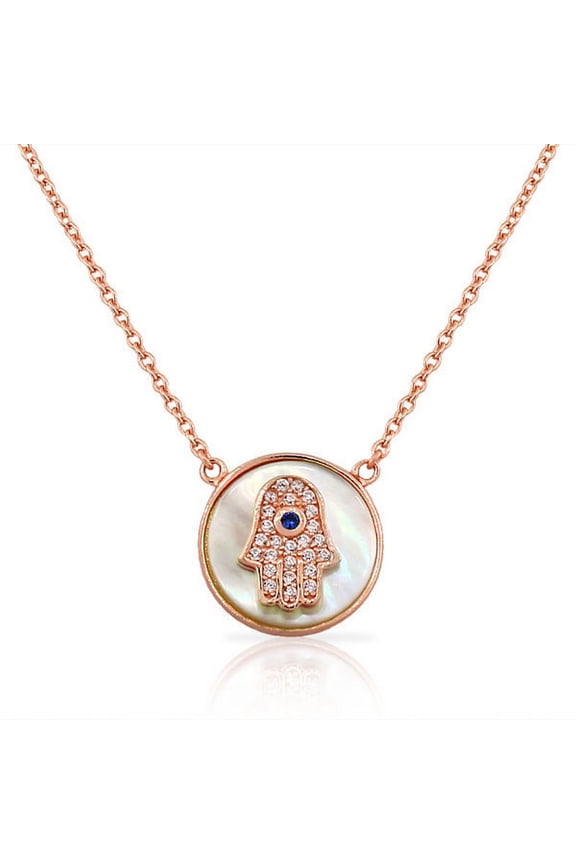 925 Sterling Silver Simulated Mother of Pearl CZ Evil Eye Hamsa Pendant Necklace