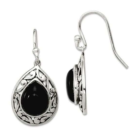 925 Sterling Silver Oxidized Shepherd hook Rhodium Plated Teardrop Black Simulated Onyx Filigree Boho Hook Earrings 30x1