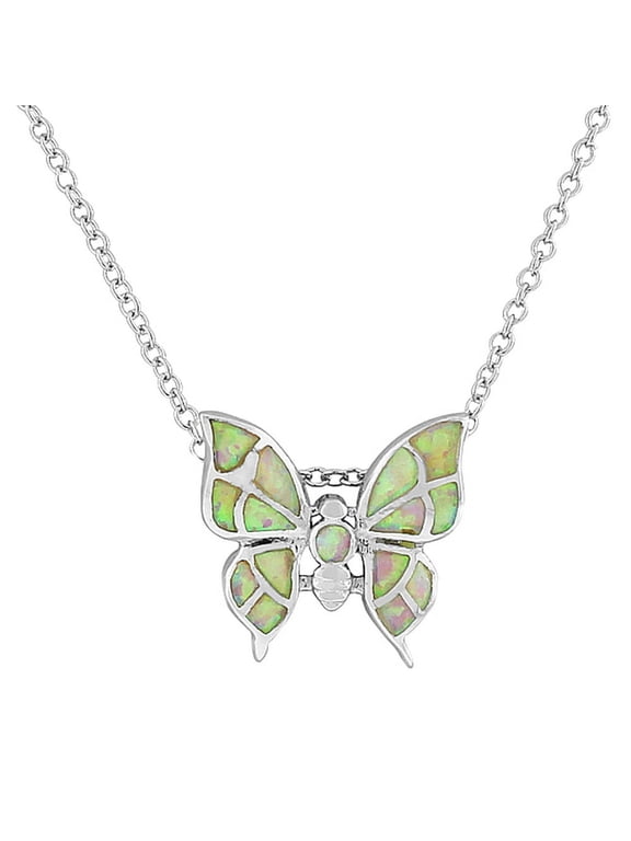 925 Sterling Silver Simulated Opal Butterfly Women's Pendant Necklace