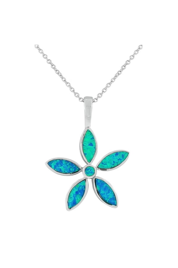 Sterling Silver Simulated Opal Flower Floral Womens Necklace