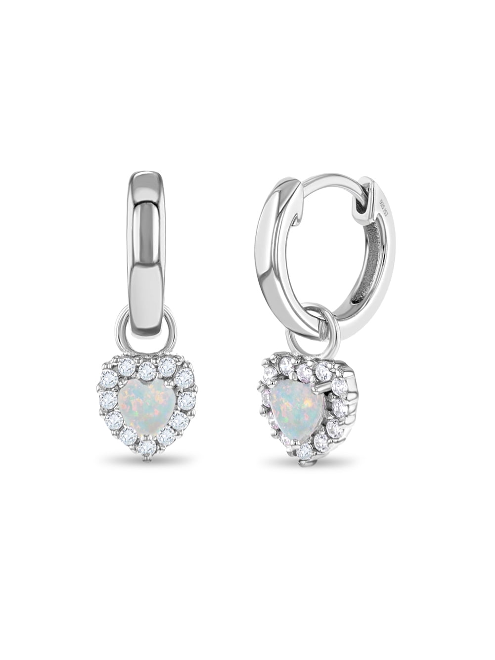 925 Sterling Silver Simulated Opal Heart Dangle Hoop Earrings for Little Girls