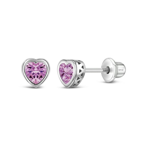 925 Sterling Silver Simulated Tourmaline Birthstone Heart Screw Back Earrings