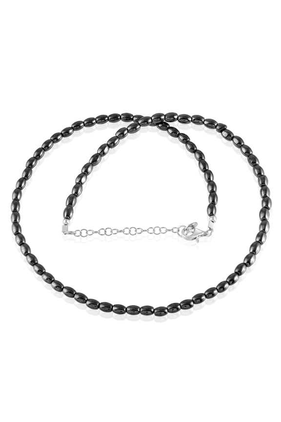 925 Sterling Silver Single Line Black Hematite Rice Beaded Necklace with White Rhodium Finish (45+5 cm)