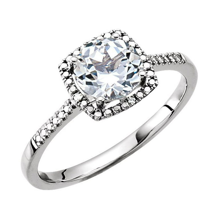 14K White Gold 7mm Cushion Cut Created White Sapphire & Diamond Halo Ring 14K White Gold 7mm Cushion Cut Created White Sapphire & Diamond Halo Ring