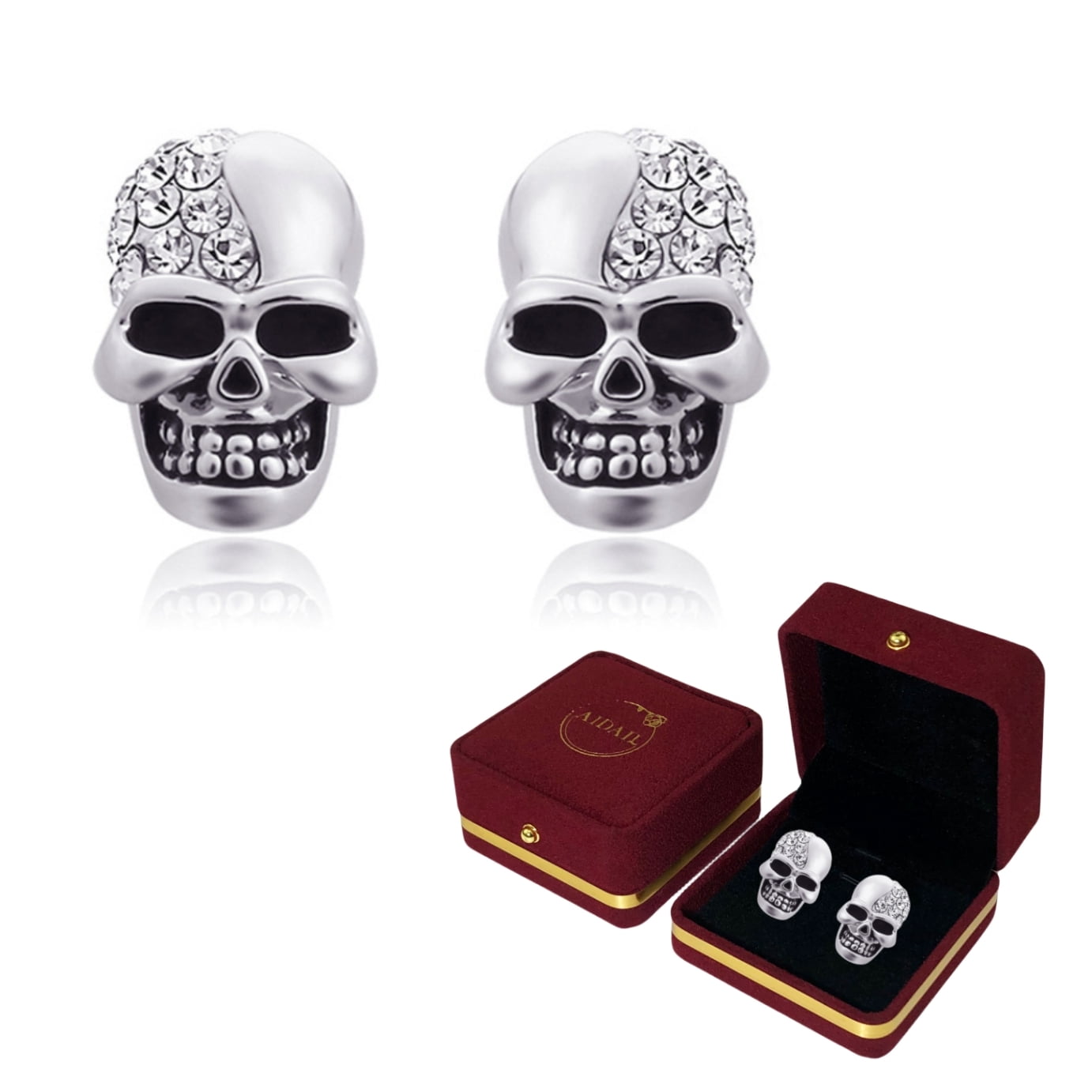 AIDAIL 925 Sterling Silver Skull Earrings Gothic Skull Rose Stud Earrings for Men Black Diamond Eye Skull Jewelry Women Hypoallergenic Halloween Earrings Gift,Silver