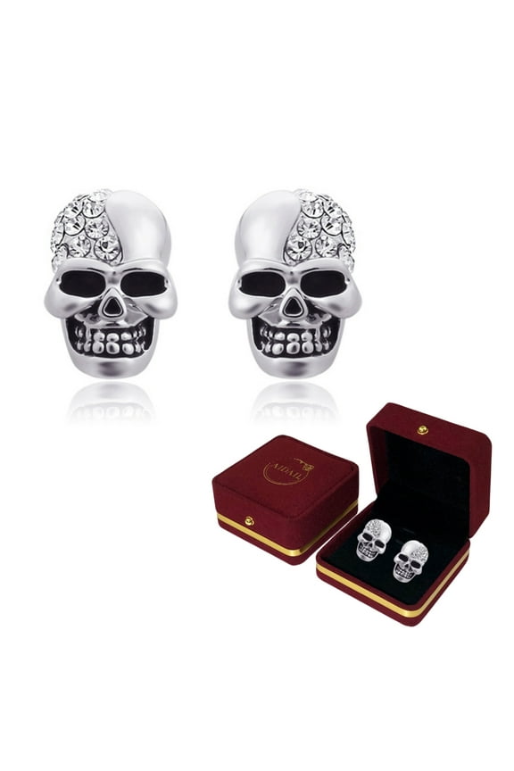 925 Sterling Silver Skull Earrings Gothic Skull Rose Stud Earrings for Men Black Diamond Eye Skull Jewelry Women Hypoallergenic Halloween Earrings Gift,Silver