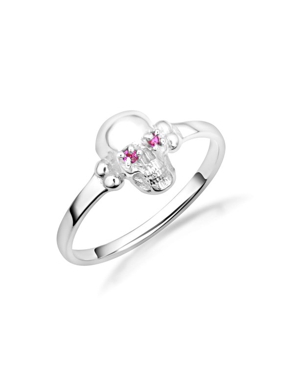 .925 Sterling Silver Skull Ring with Red Cubic Zirconia/ Ring Size 6