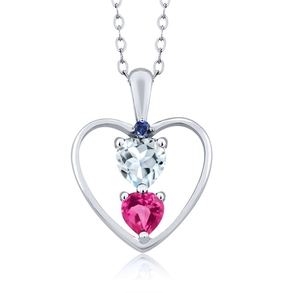 925 Sterling Silver Sky Blue Aquamarine Pink Created Sapphire and Blue Created Sapphire Pendant Necklace for Women (0.92 Cttw, Gemstone March Birthstone, Heart 5MM and 4MM, with 18 inch Silver Chain)