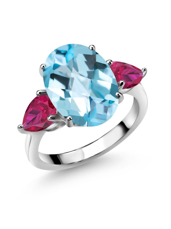 925 Sterling Silver Sky Blue Topaz and Red Created Ruby Ring for Women (9.20 Cttw, 14X10MM Oval Checkerboard and 7X5MM Pear Shape, Gemstone November Birthstone, Size 9)