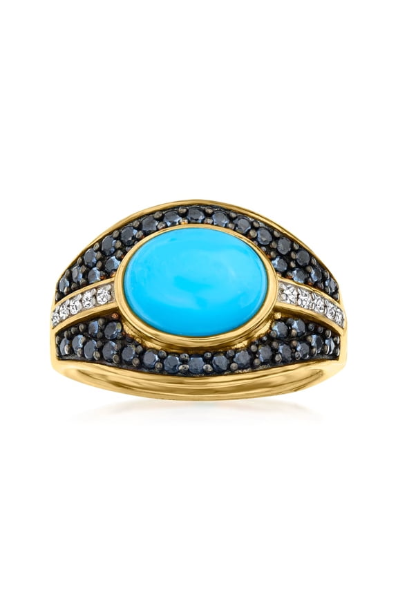 925 Sterling Silver Sleeping Beauty Turquoise, Black Spinel,White Natural Zircon Ring
