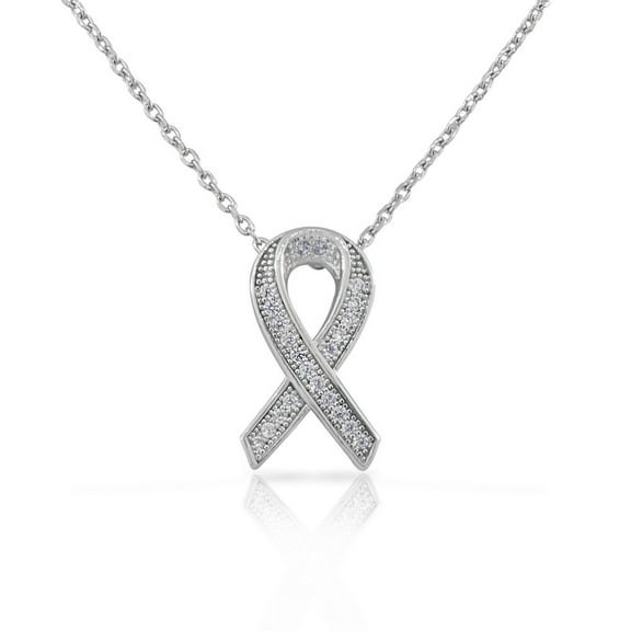 925 Sterling Silver Small CZ Breast Cancer Awareness Ribbon Pendant Necklace