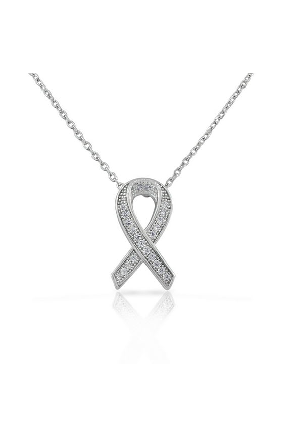925 Sterling Silver Small CZ Breast Cancer Awareness Ribbon Pendant Necklace