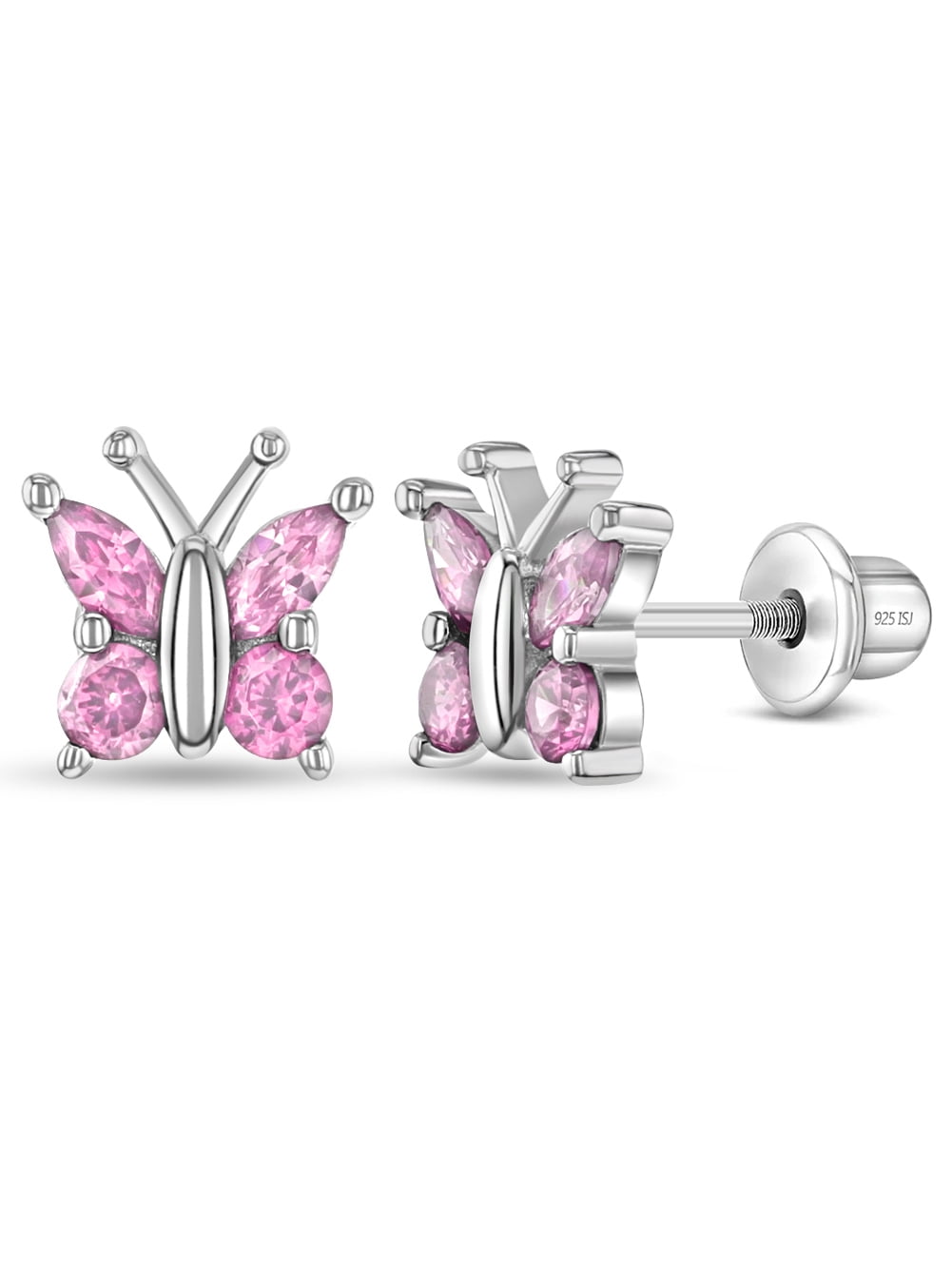 925 Sterling Silver Small Cubic Zirconia Butterfly Girls Screw Back Earrings
