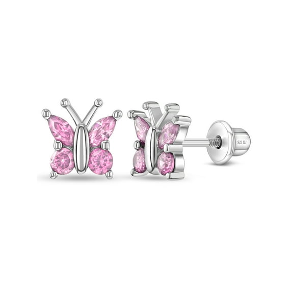 925 Sterling Silver Small Cubic Zirconia Butterfly Girls Screw Back Earrings
