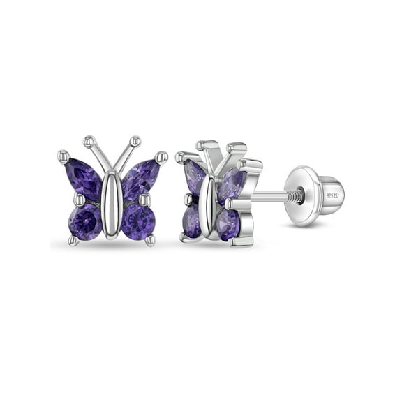 925 Sterling Silver Small Cubic Zirconia Butterfly Girls Screw Back Earrings