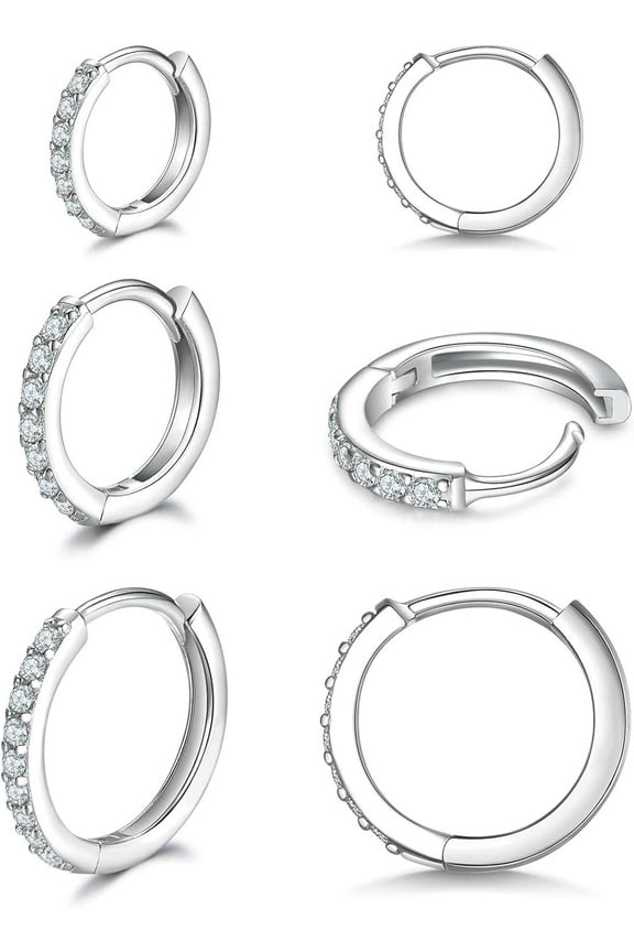 925 Sterling Silver Small Hoop Earrings Cubic Zirconia Huggie Hoop Earrings, 3 Pairs 14K White Gold Plated Cartilage Piercing Earrings Ear Cuff Tiny Hoop Earrings for Women Men