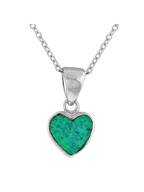 925 Sterling Silver Small Love Heart Simulated Opal Pendant Necklace