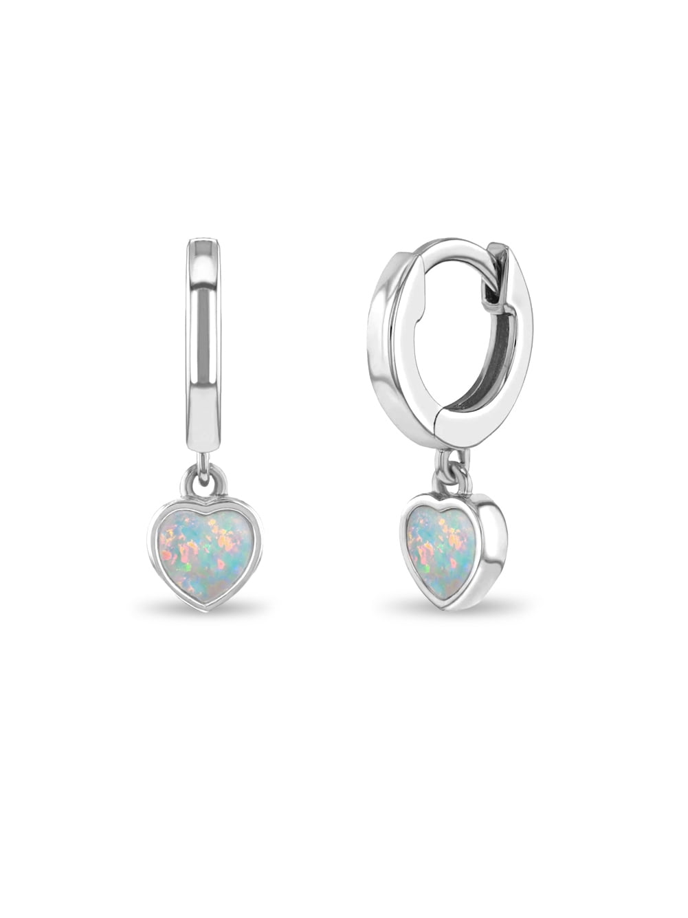 925 Sterling Silver Small Simulated Opal Heart Dangle Hoop Earrings For Girls