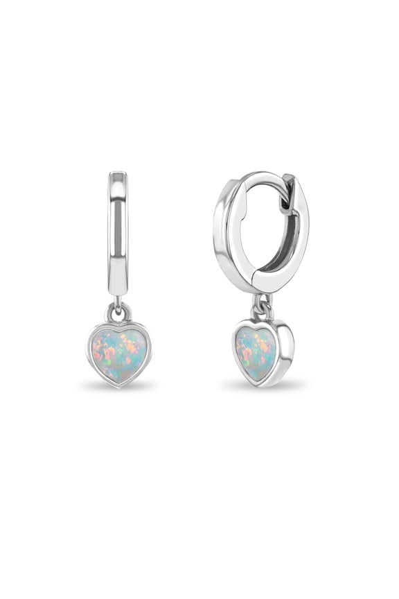 925 Sterling Silver Small Simulated Opal Heart Dangle Hoop Earrings For Girls