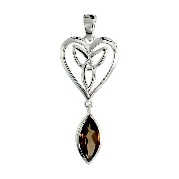 925 Sterling Silver Smoky Topaz Triquetra Celtic Heart Charm Pendant 32mm