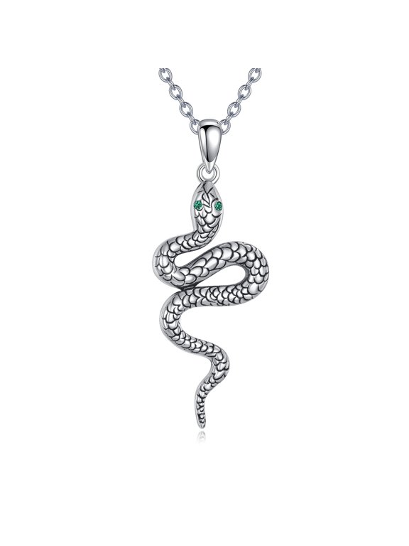 925 Sterling Silver Snake Necklace with Green CZ Eyes Serpent Pendant Gothic Jewelry for Women & Men