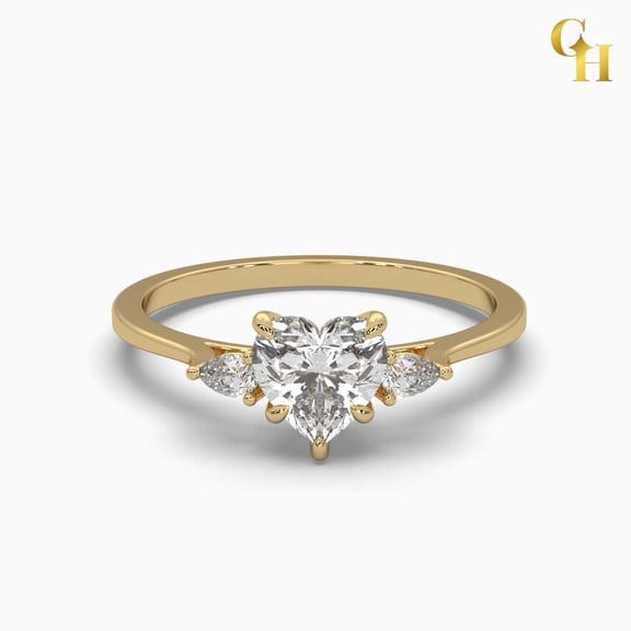 925 Sterling Silver Soliatire Heart Moissanite with Pear Cut Side Stone Petite Ring