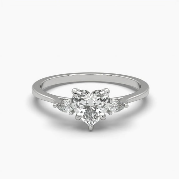 925 Sterling Silver Soliatire Heart Moissanite with Pear Cut Side Stone Petite Ring