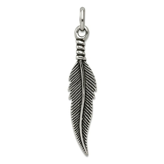 925 Sterling Silver Solid Oxidized Feather Pendant Necklace 42x9mm Wide Pendant for Women
