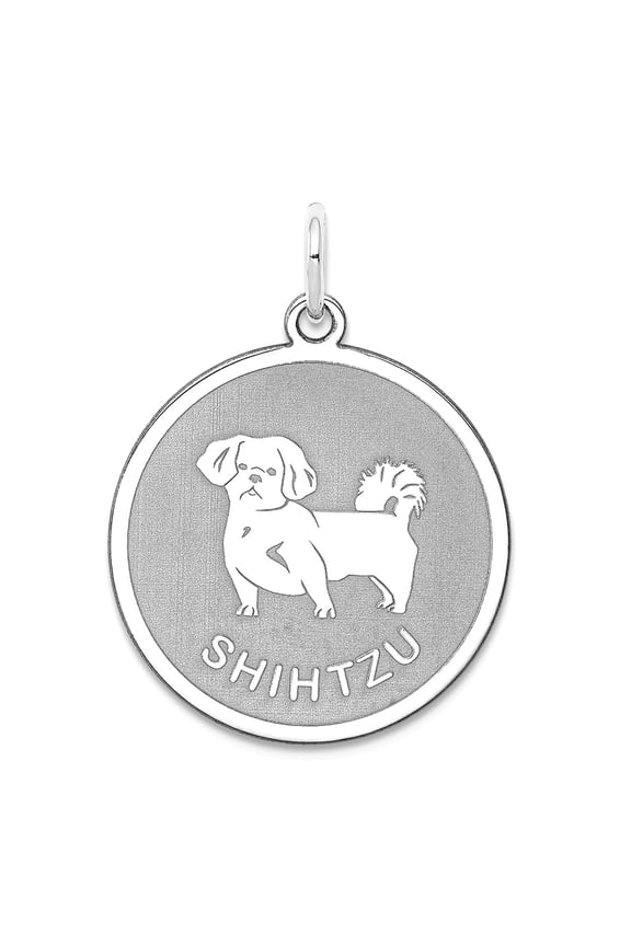 925 Sterling Silver Solid Faceted Laser Etched Shih Tzu Disc Charm 26x19mm Wide Pendant Necklace for Women